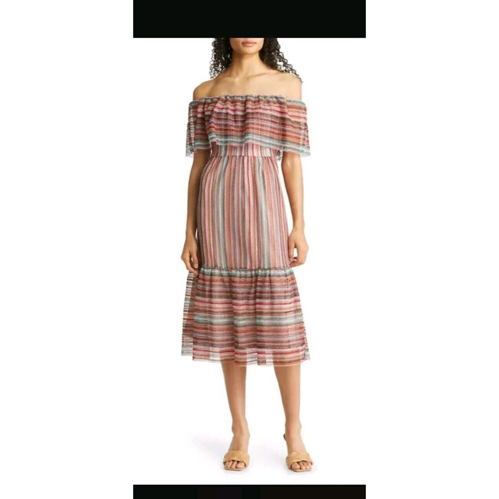 Sam Edelman Womens 10 Off the Shoulder Macrame Stripe Midi Dress Crochet Summer